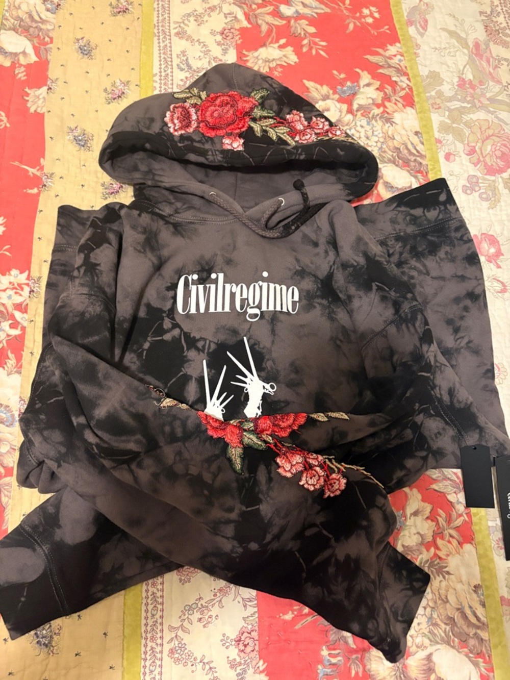 Civil Regime Black Tie-Dye Edward Scissorhands Hoodie with Red Floral Embroidery